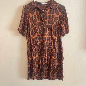 EQUIPMENT Femme 100% Silk Shirt Dress small Cheetah Short Sleeve Brown